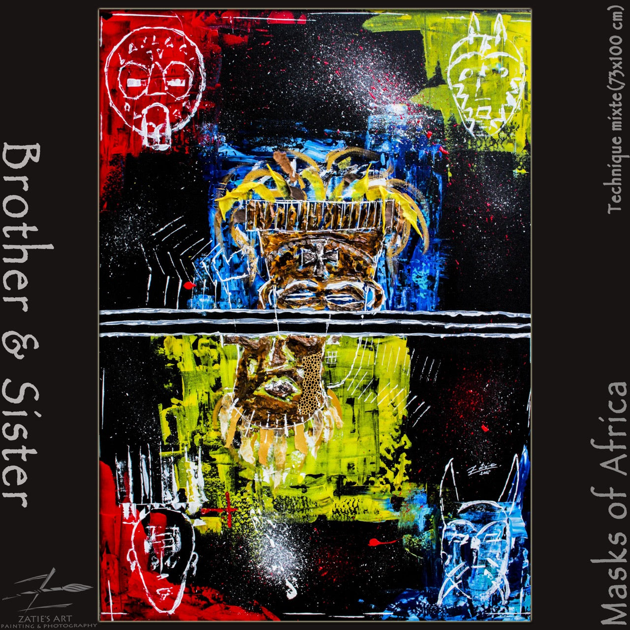 Brothers & Sisters canvas from the Mask series (73x100cm) Technique: Acrylic, Collage, Auxiliaries.