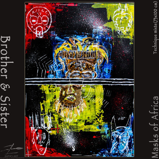 Brothers & Sisters canvas from the Mask series (73x100cm) Technique: Acrylic, Collage, Auxiliaries.