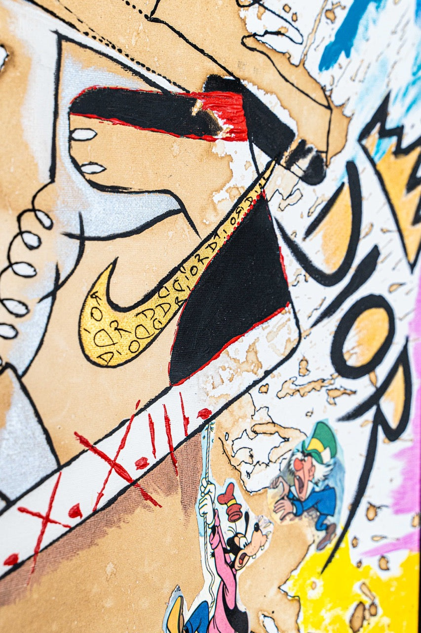 Brothers & Sisters canvas from the Mask series (73x100cm) Technique: Acrylic, Collage, Auxiliaries.