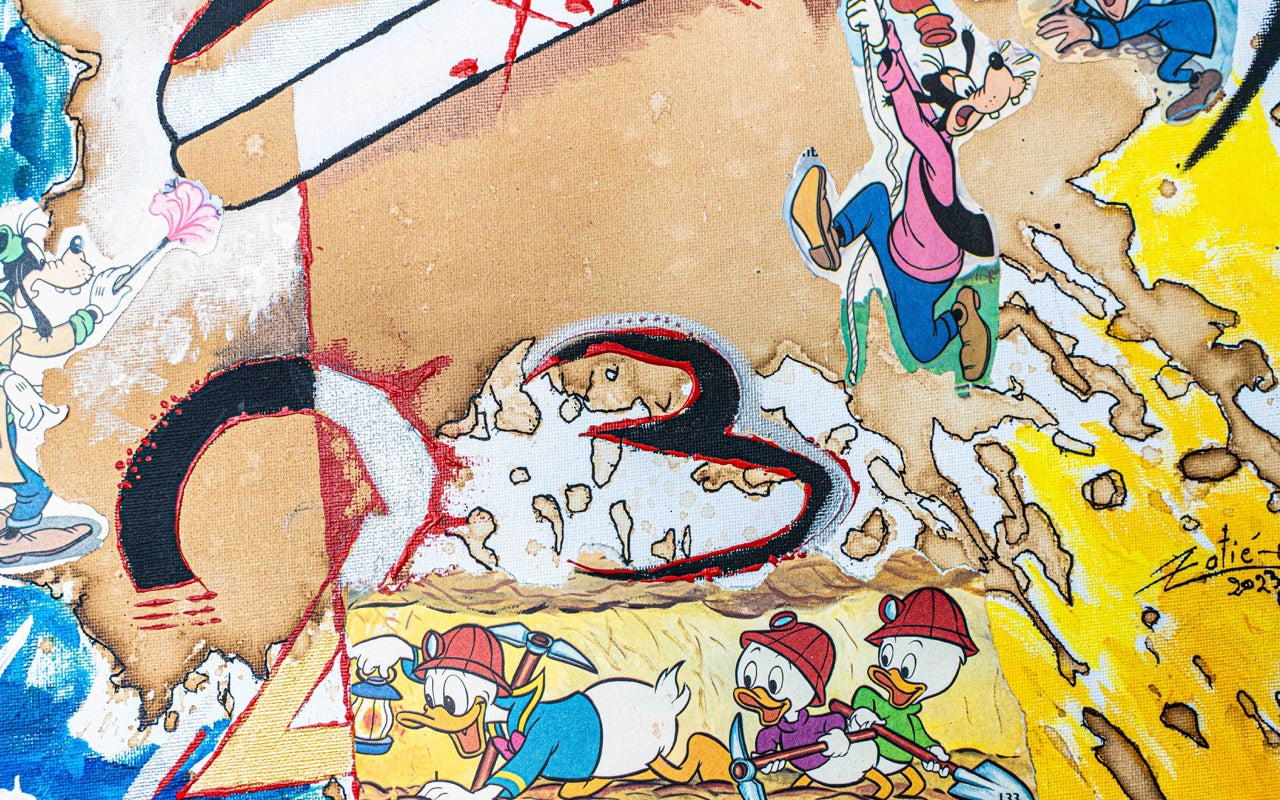 Brothers & Sisters canvas from the Mask series (73x100cm) Technique: Acrylic, Collage, Auxiliaries.