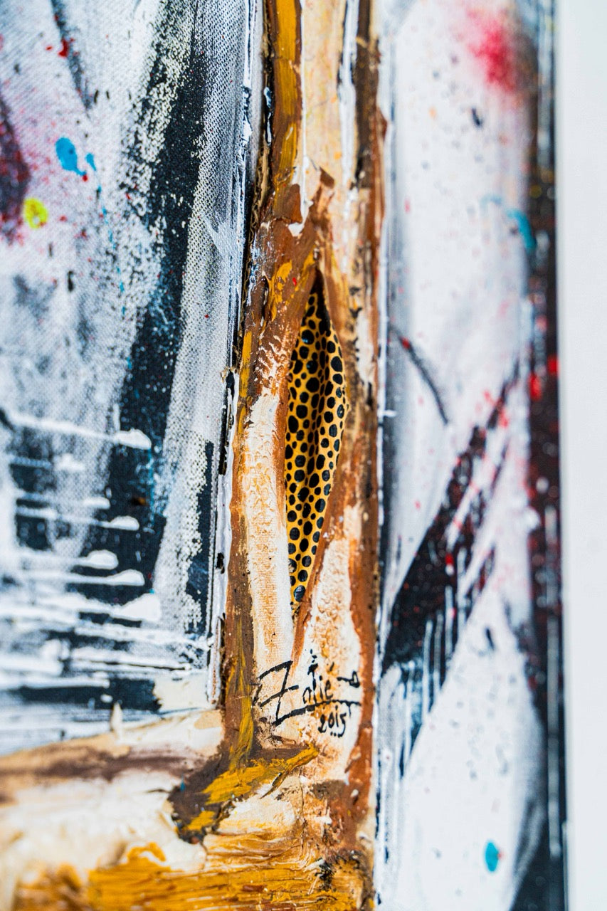 Brothers & Sisters canvas from the Mask series (73x100cm) Technique: Acrylic, Collage, Auxiliaries.